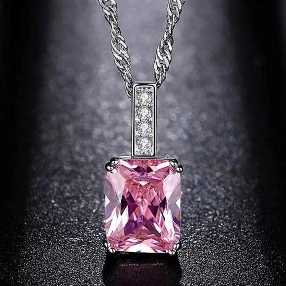Pink Princess Cut AAA Cubic Zirconia Necklace - Picture 3 of 6